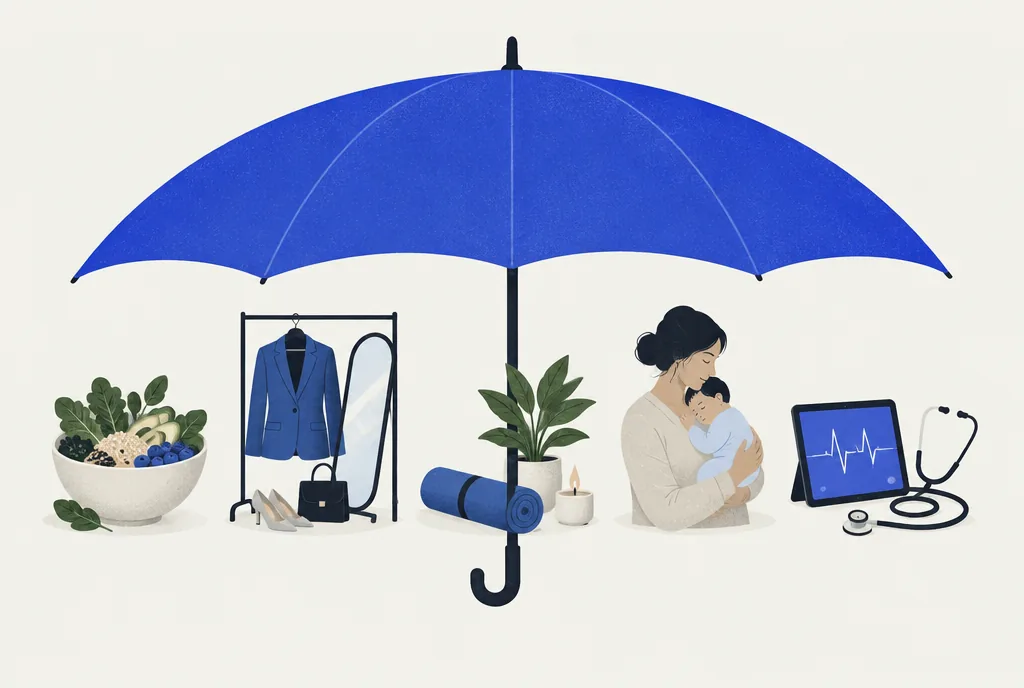 Ilustração de um guarda-chuva azul cobrindo nutrição, moda, bem-estar, saúde da mulher e saúde digital