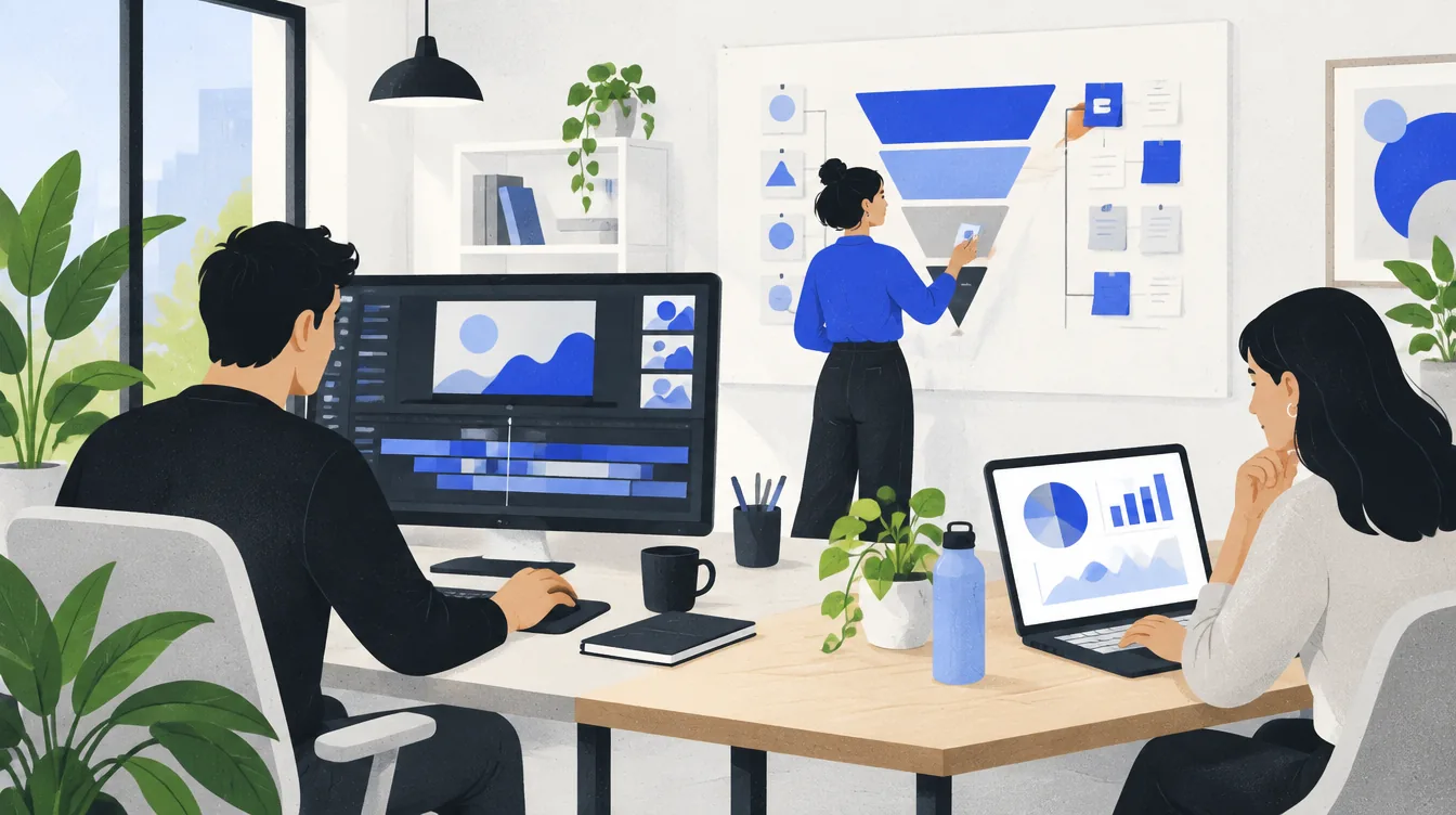 Ilustração de uma equipe editando vídeo, montando um funil de vendas e analisando gráficos